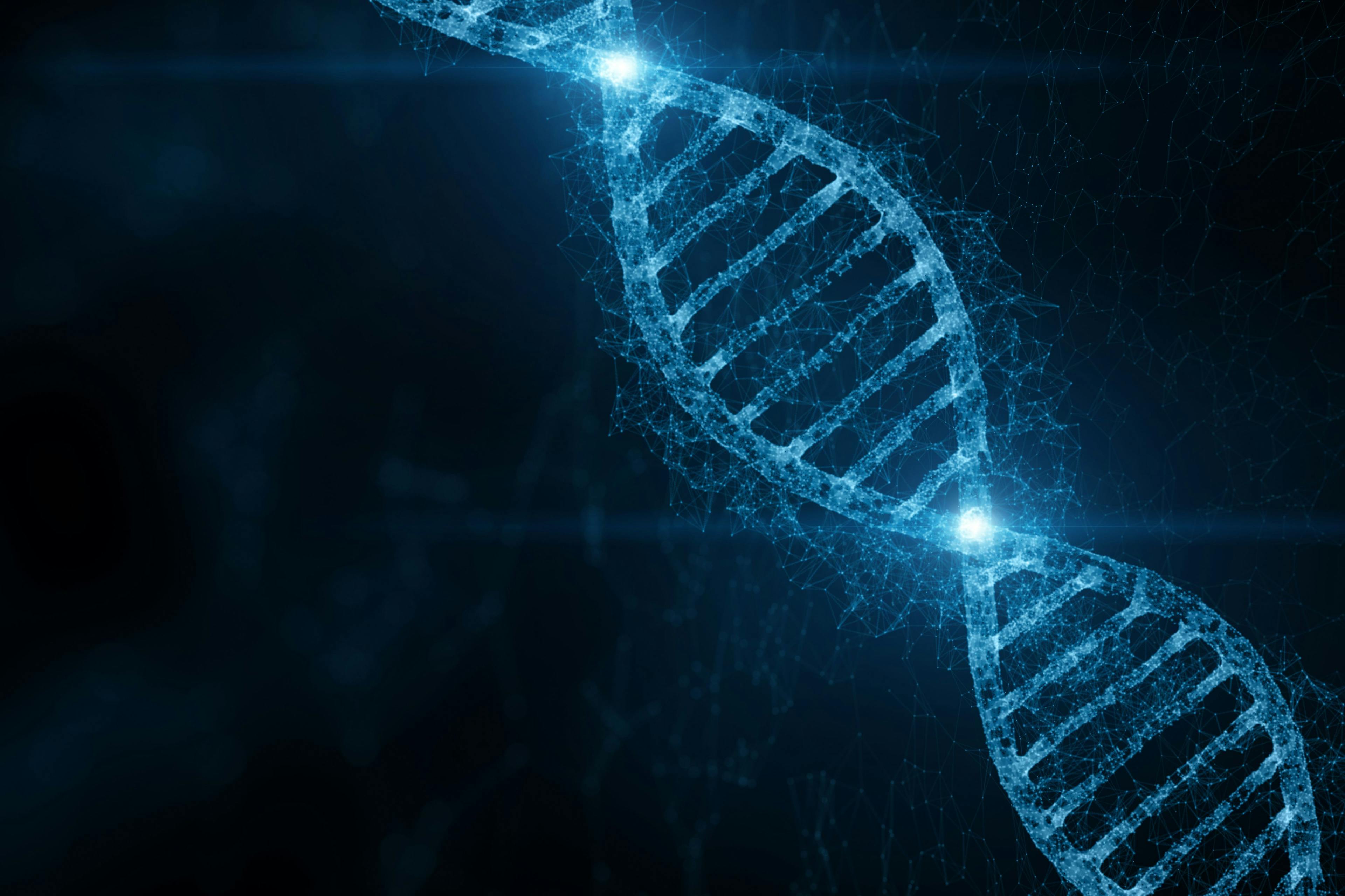 Abstract blue colored shiny dna molecule on futuristic digital illustration background. | Image Credit: © robsonphoto - stock.adobe.com