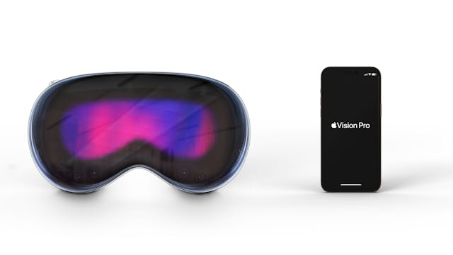 Apple Vision Pro High-tech Futuristic technology VR Glasses -Virtual reality device, 360 VR modern with a Iphone smartphone app. Isolated on white background. | Image Credit: © Diego - stock.adobe.com