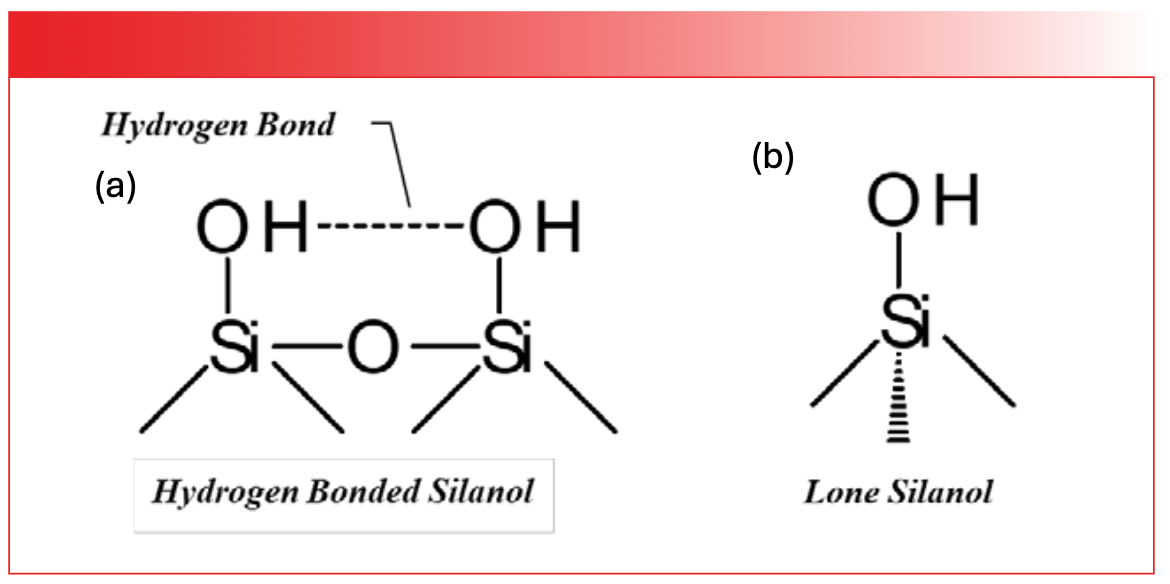 FIGURE 2: (a) The chemical structure of a hydrogen bonded silanol. (b) The chemical structure of a lone silanol.