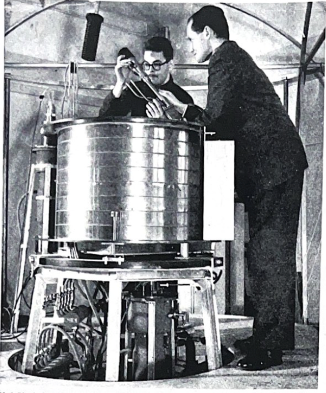 Kai Siegbahn (right) with his assistant Kay Edvason at the first high-resolution iron-free beta-ray spectrometer in 1954. This instrument was converted for atomic spectroscopy by replacing the radioactive source with an x-ray tube and thin converters of evaporated metal, thus becoming the first ESCA instrument.