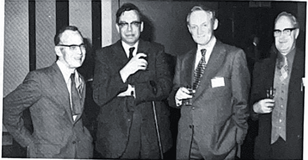 At a conference in Durham, England, in 1976, Kai Siegbahn (second from right) with Prof. W. C. Price (London), Prof. E. Heilbronner (Basel), and the late Dr. Harry Hallam.