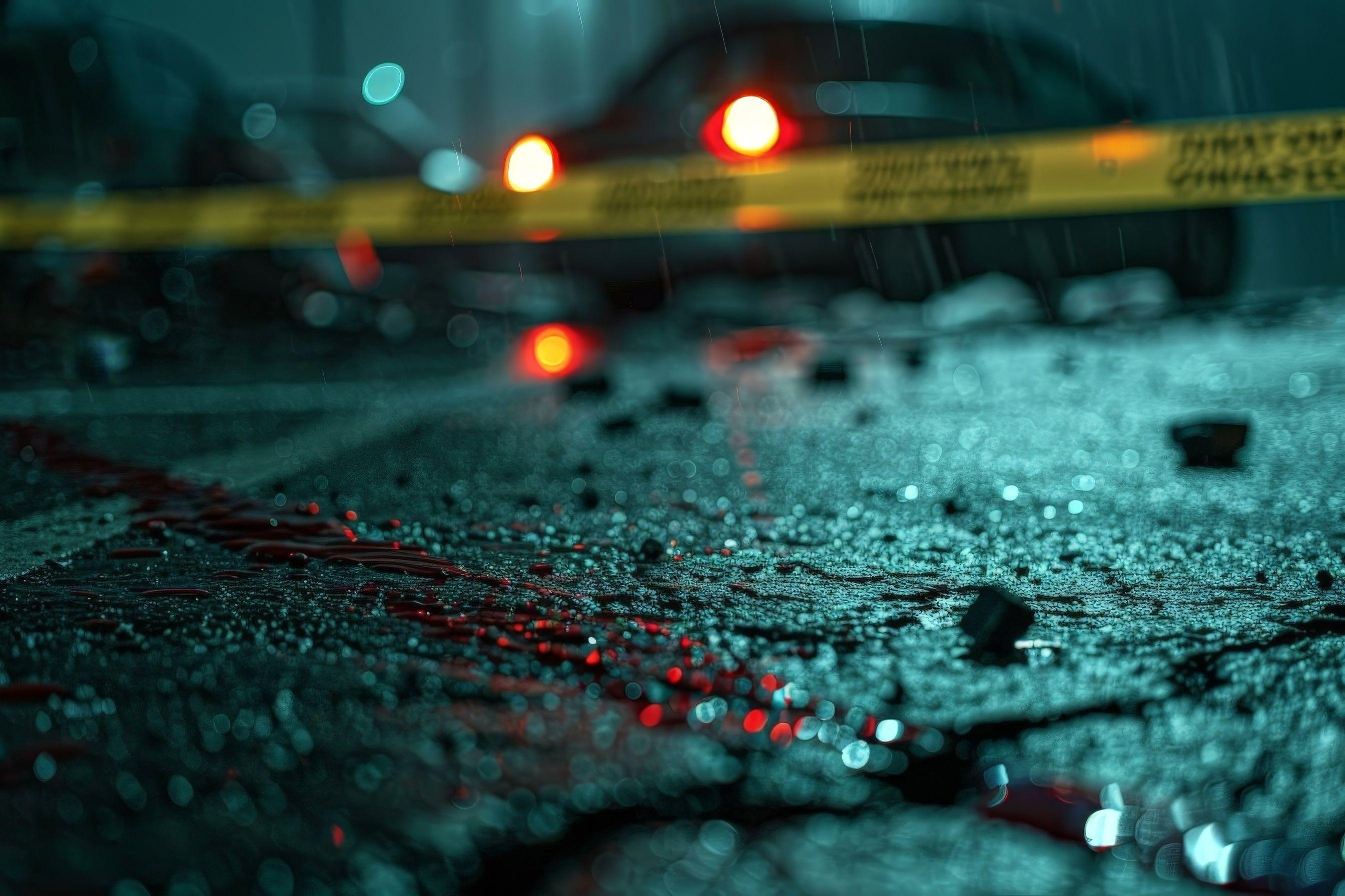 A detailed view of a crime scene with a chalk outline, bloodstains, and evidence markers, police tape in the background. Generated with AI. | Image Credit: © Aonin - stock.adobe.com