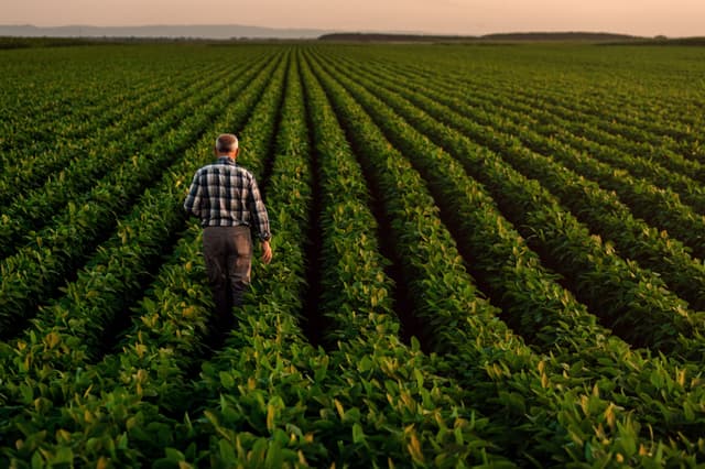 Rear view of senior farmer standing in soybean field examining crop at sunset | Image Credit: © Zoran Zeremski - stock.adobe.com