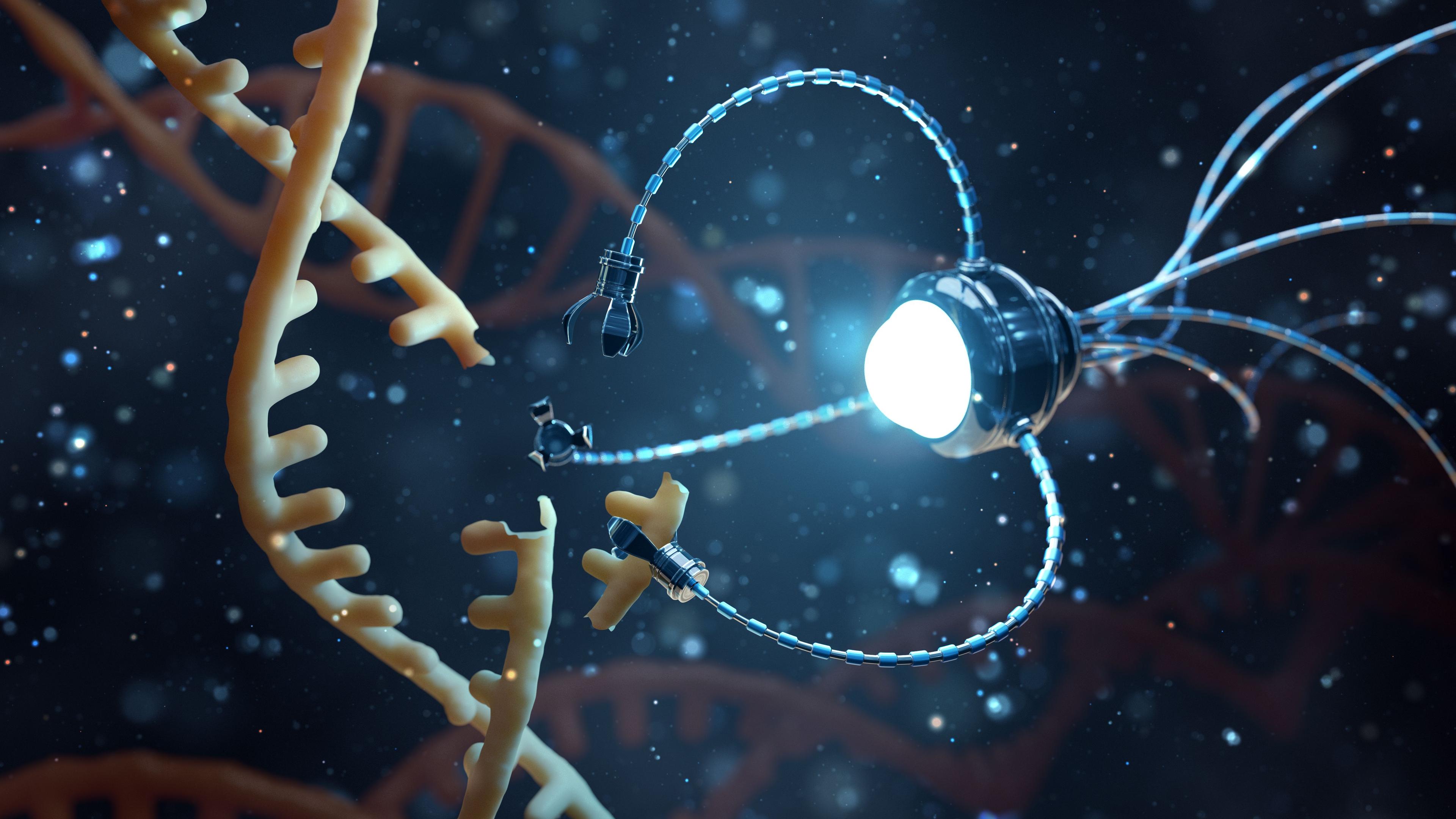 Medical concept in the field of nanotechnology. Genetic engineering and the use of nanorobots to replace part of the DNA molecule. 3D rendering. | Image Credit: © k_e_n - stock.adobe.com