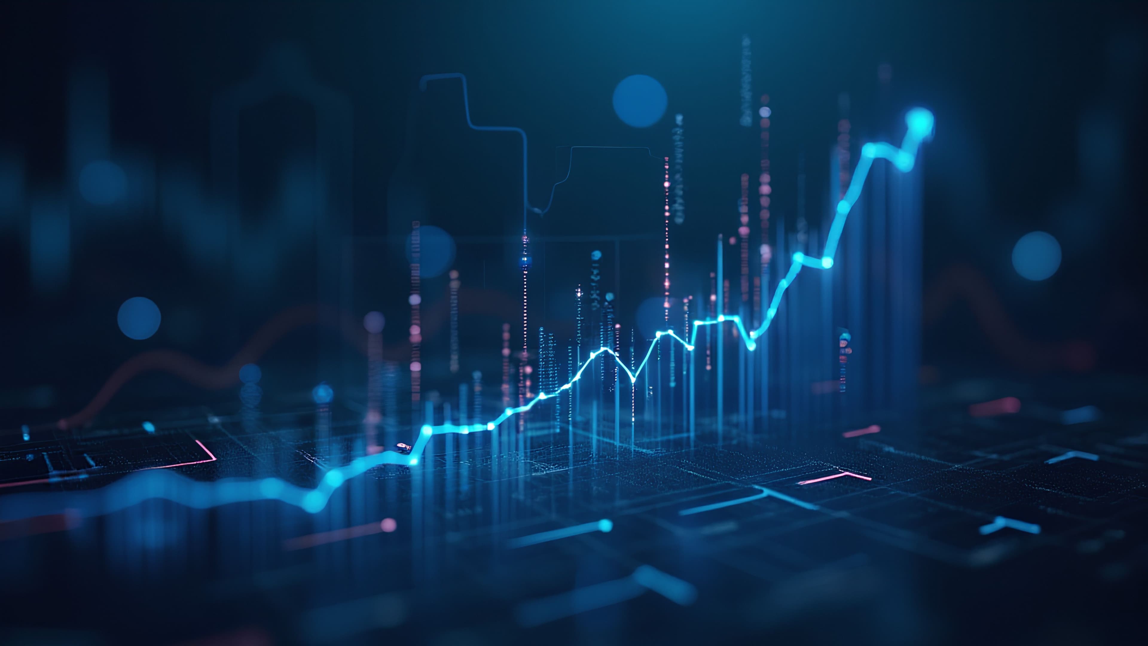 Perspective view of stock market growth business investing and data concept with digital financial chart graphs diagrams and indicators on dark blue blurry background. Generated by AI. | Image Credit: © artmozai - stock.adobe.com.