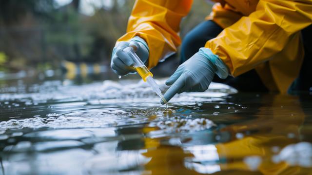 An environmental engineer in protective gear meticulously collects a water sample from a sewage treatment plant for quality testing and analysis. Generated with AI. | Image Credit: © TensorSpark - stock.adobe.com