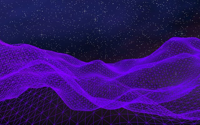 Abstract ultraviolet landscape on a dark background. Purple cyberspace grid. hi tech network. Outer space. Violet starry outer space texture. 3D illustration | Image Credit: © Plastic man - stock.adobe.com