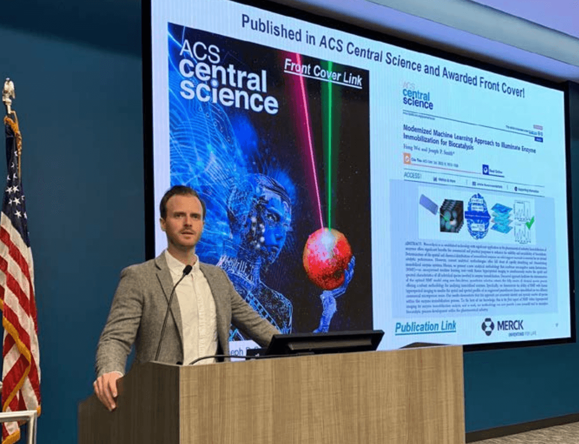 Smith giving an oral presentation to colleagues at Merck focused on next generation technologies at the intersection of data science and hyperspectral imaging to advance pharmaceutical process research & development applications. (Courtesy of Joseph P. Smith, 2024).