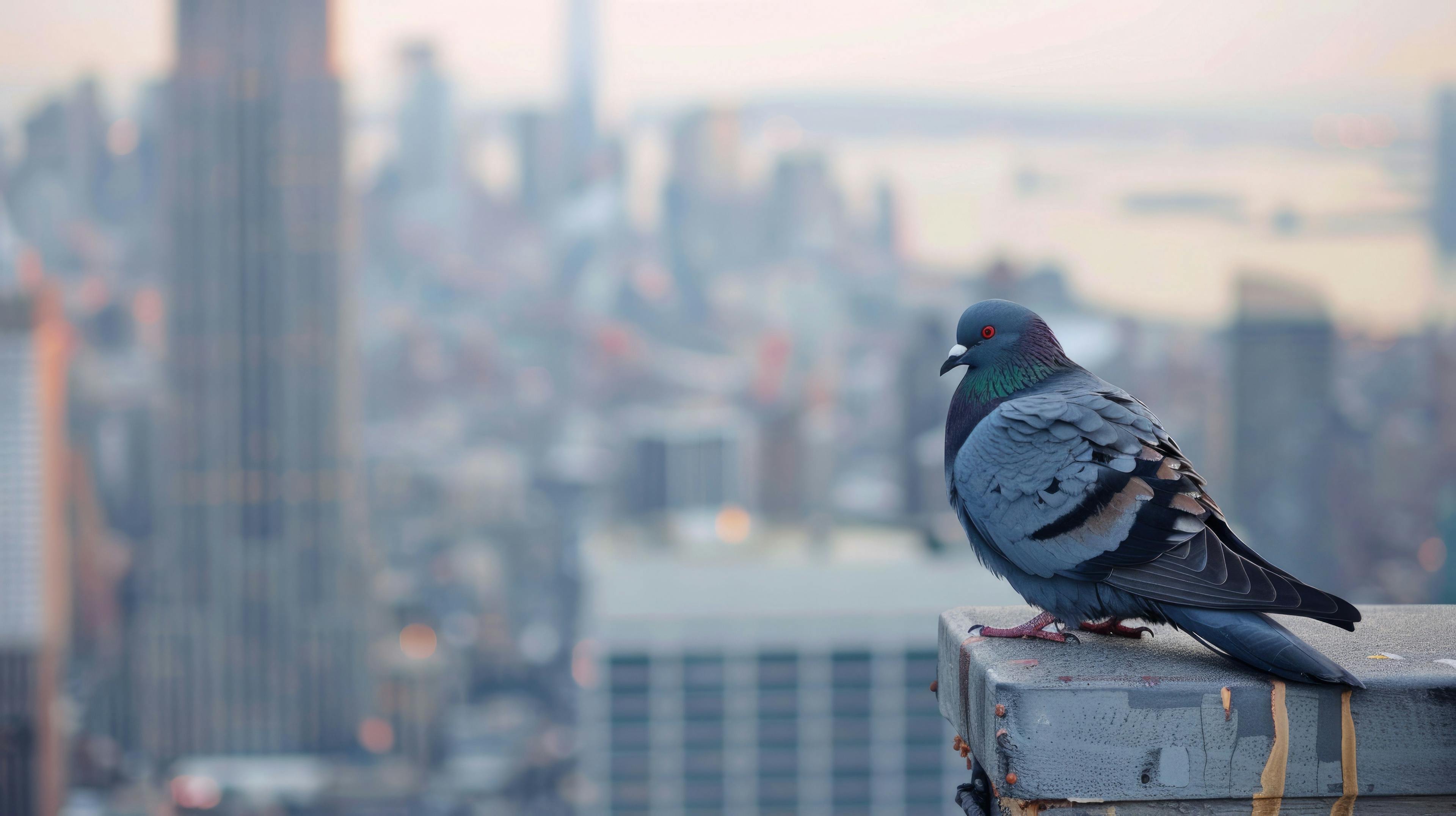 City Ledge. Aerial View of NYC Pigeon on Altitude Ledge in the Urban Background | Image Credit: © Popelniushka - stock.adobe.com