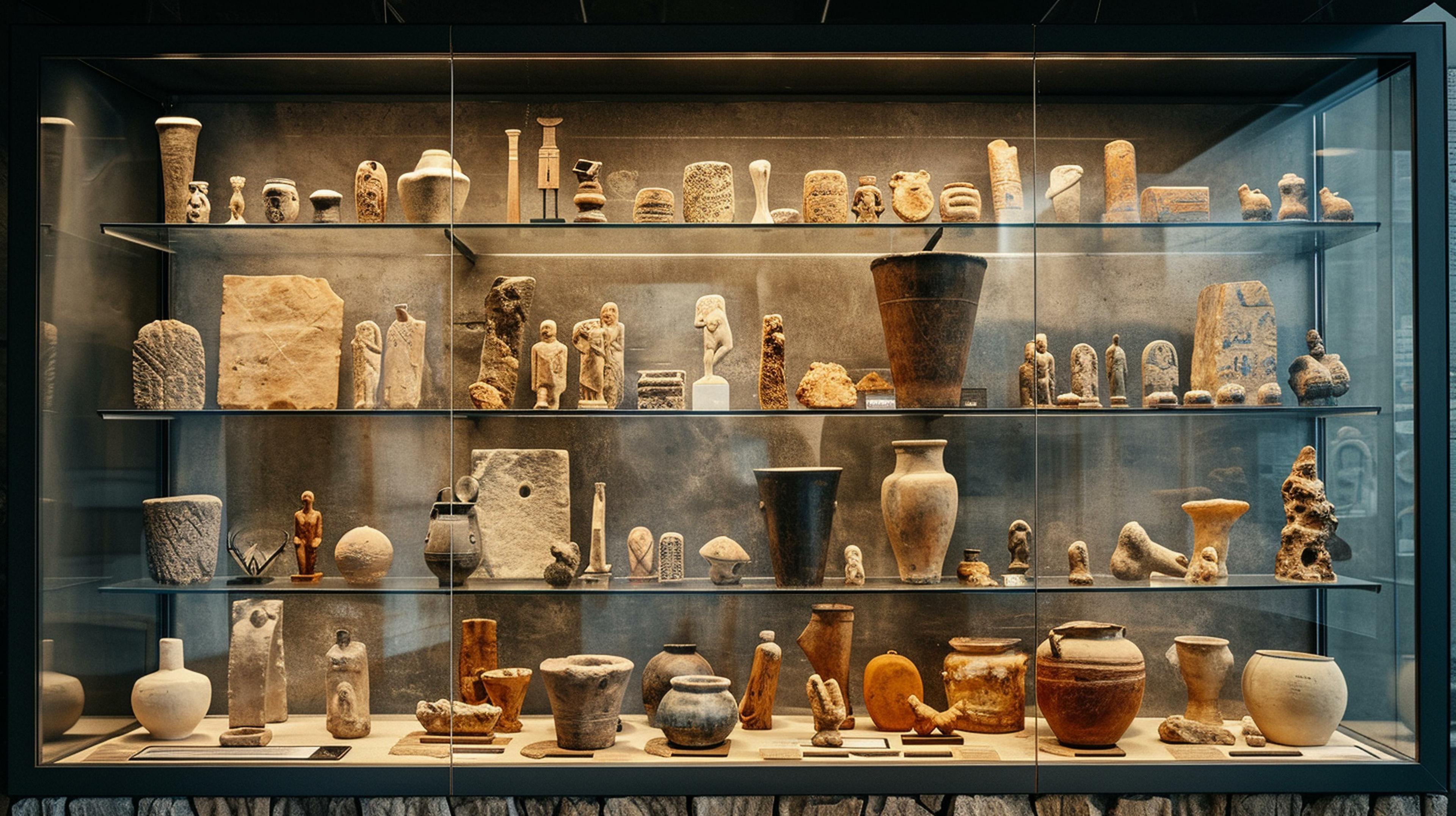 Artifacts arranged in a display case at an archaeological museum, showcasing the fruits of excavation. [Artifacts arranged in a museum display case] | Image Credit: © Julia - stock.adobe.com