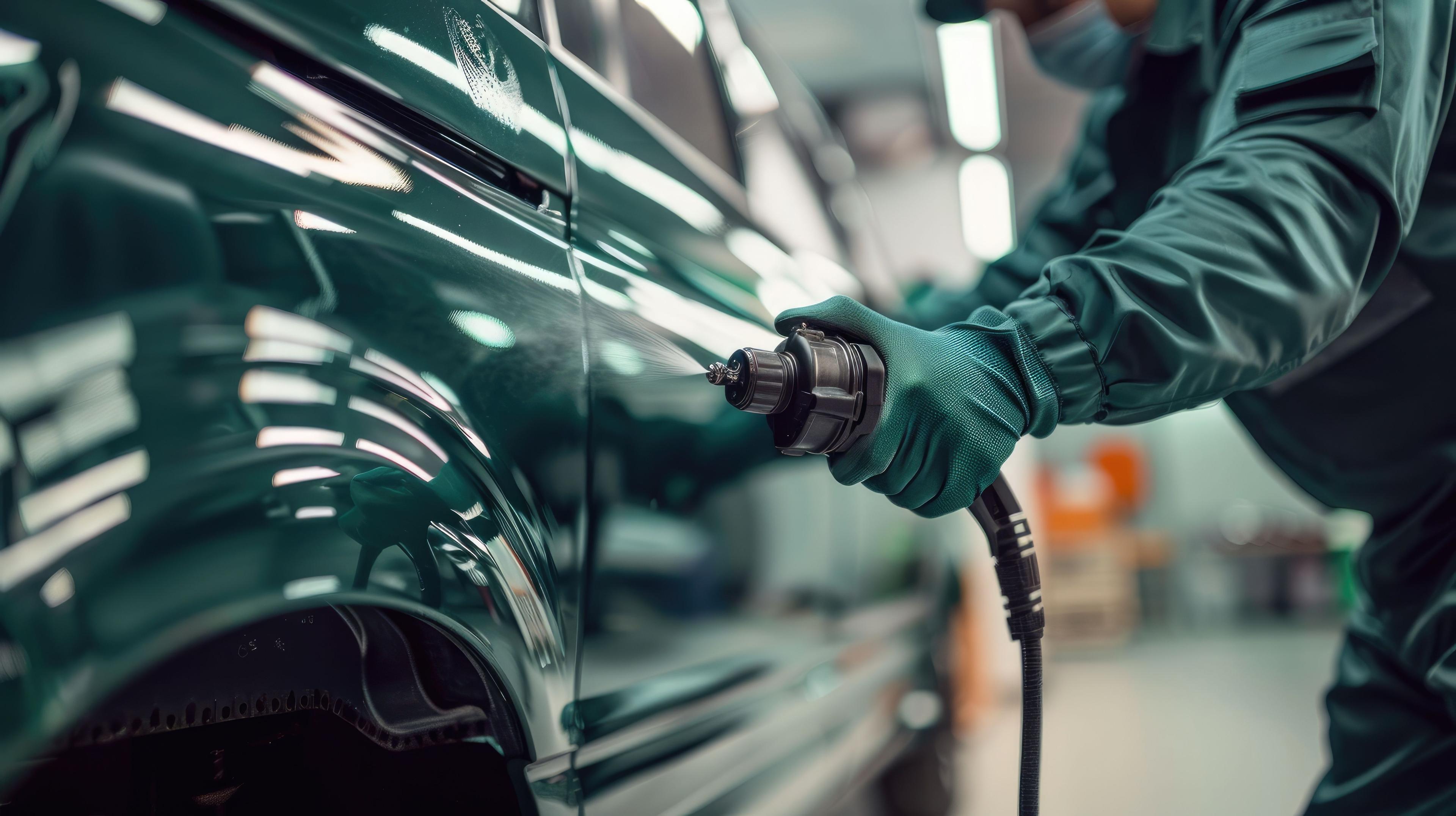 Car painter applying green paint to car part with spray gun in workshop for car body repair Intricate vehicle body restoration. Generated with AI. | Image Credit: © Emin - stock.adobe.com.