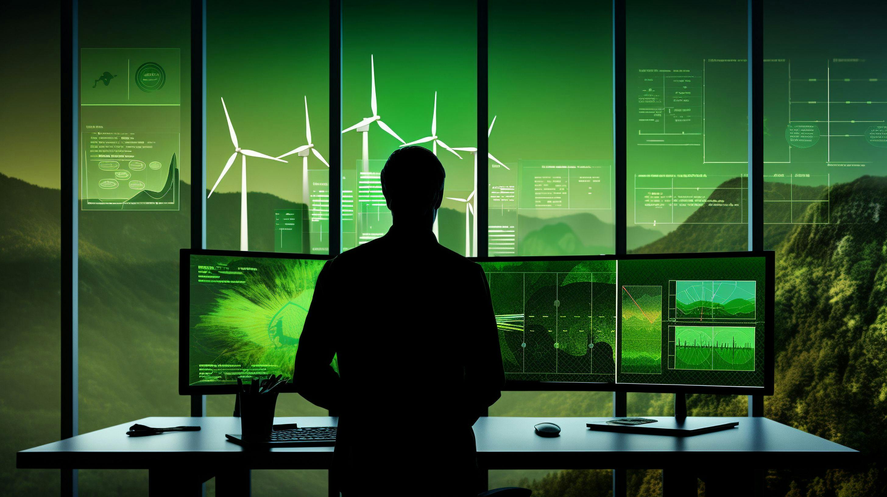 sustainability researcher with a backdrop of green energy sources and data analytics screens | Image Credit: © 1st footage - stock.adobe.com