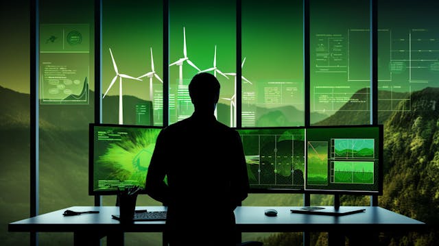 sustainability researcher with a backdrop of green energy sources and data analytics screens | Image Credit: © 1st footage - stock.adobe.com