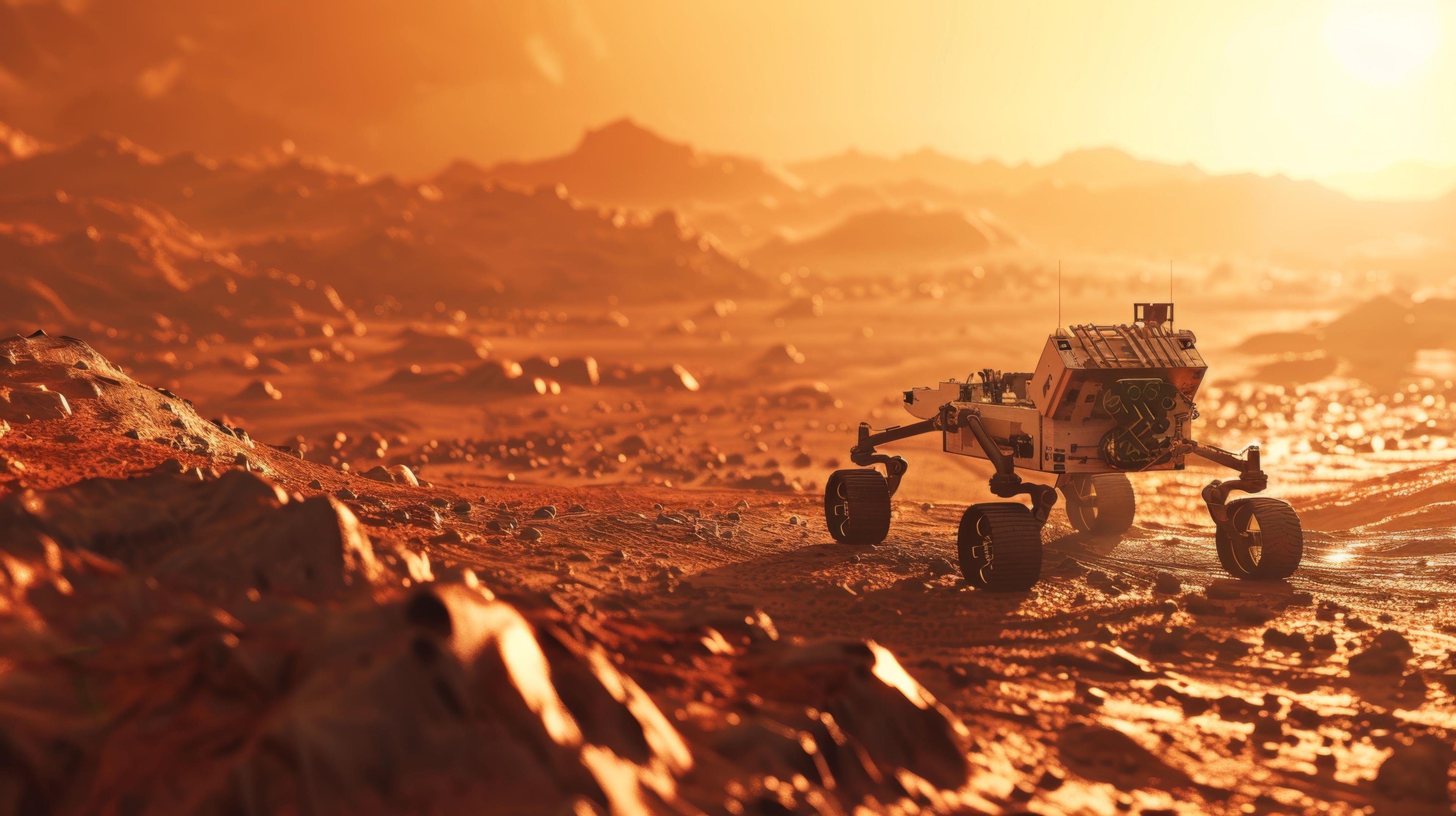 Mars rover navigates rocky martian landscape at sunrise, desolate terrain and rover's advanced technology, capturing essence of space exploration and discovery. | Image Credit: © ugguggu - stock.adobe.com.