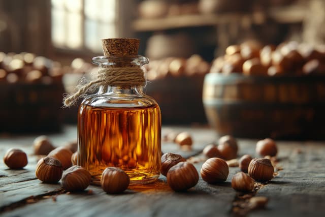 Hazelnuts displayed near an oil bottle of hazelnut oil ©  OBSIMAGES AI - stock.adobe.com 