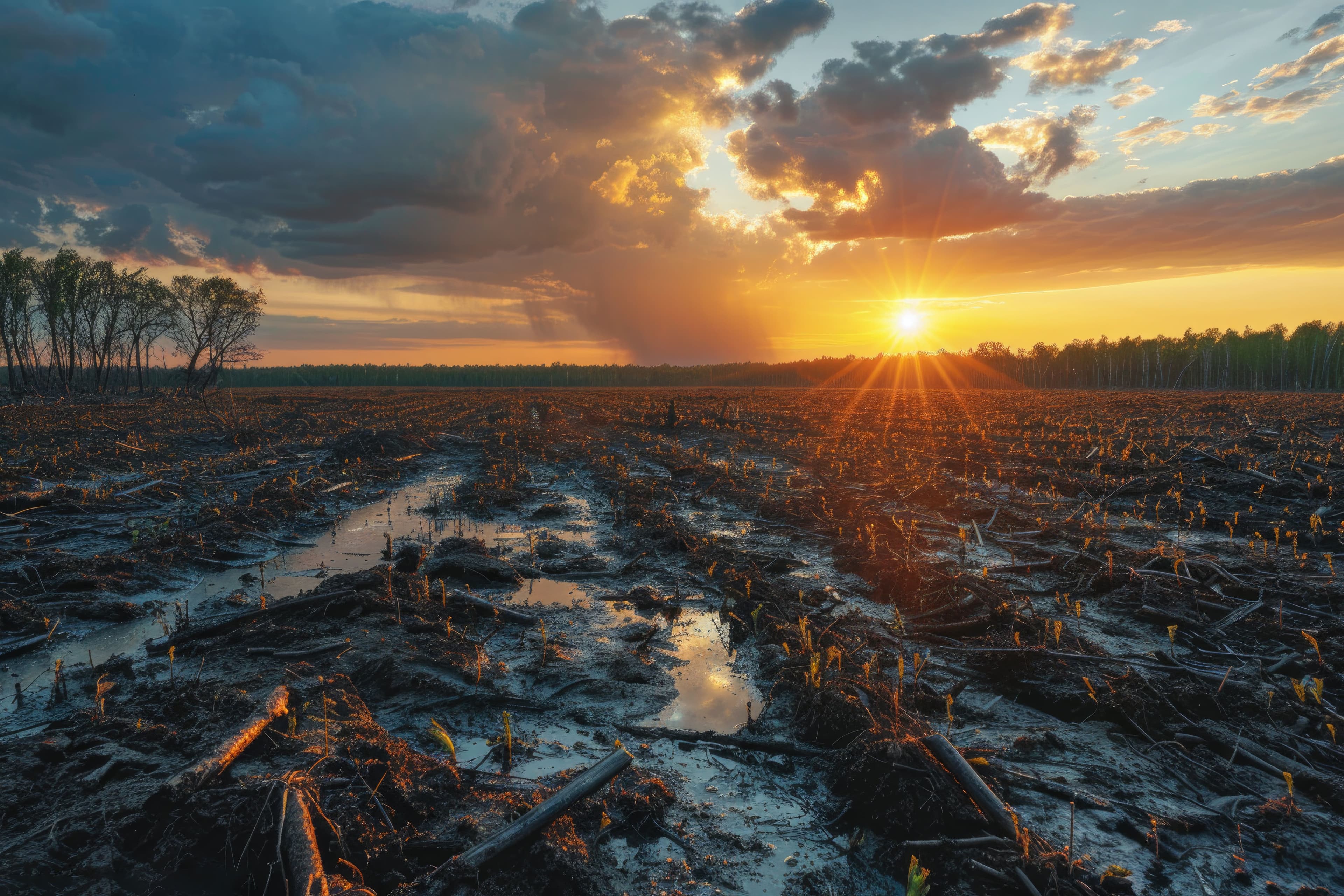 Deforested Landscape at Sunset with Dramatic Sky and Sun Rays Over Cleared Forest Land. Generated by AI. | Image Credit: © dashtik - stock.adobe.com