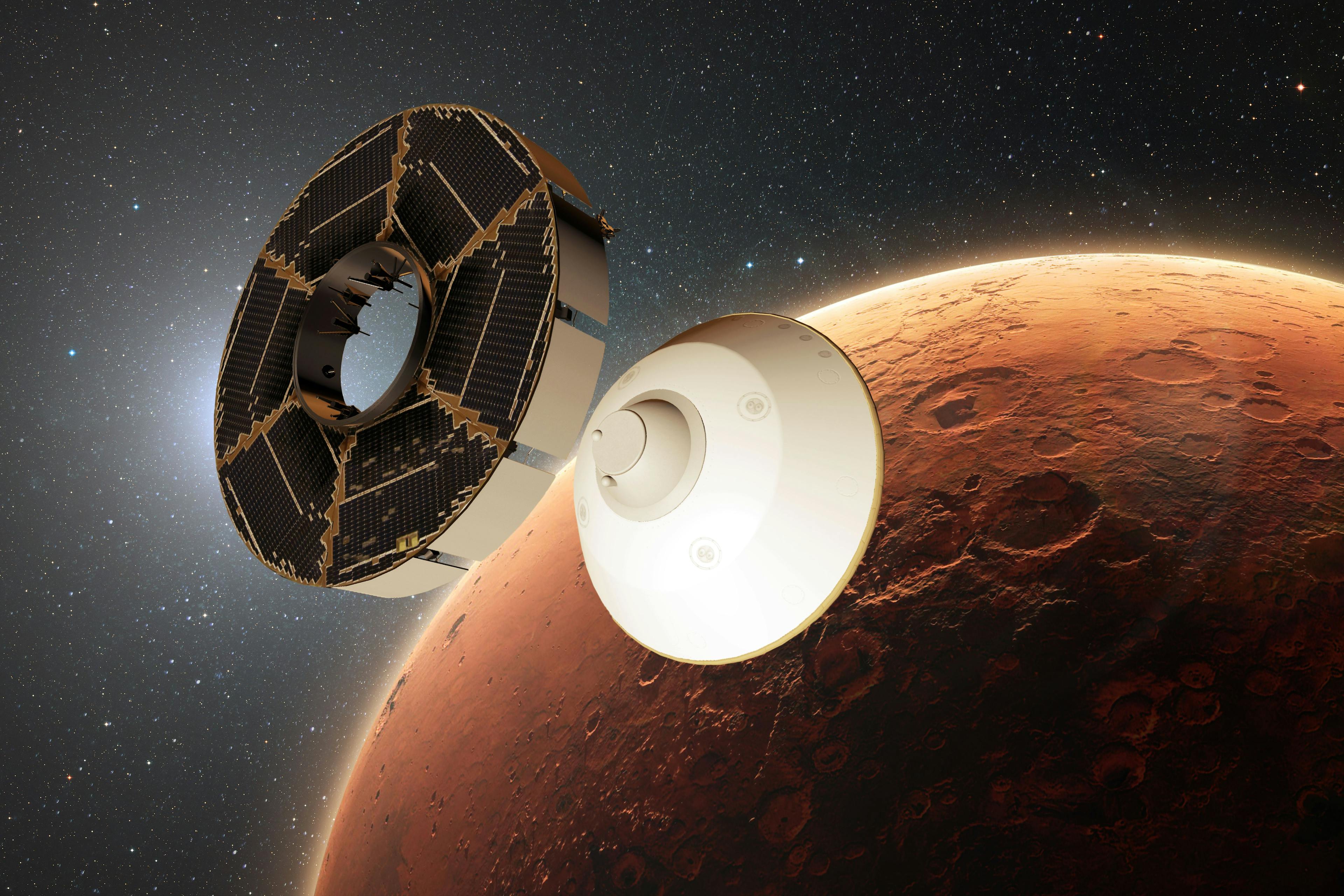 Perseverance Rover's Cruise Stage Separation. Satellite module delivers cargo to the red planet Mars | Image Credit: © alones - stock.adobe.com