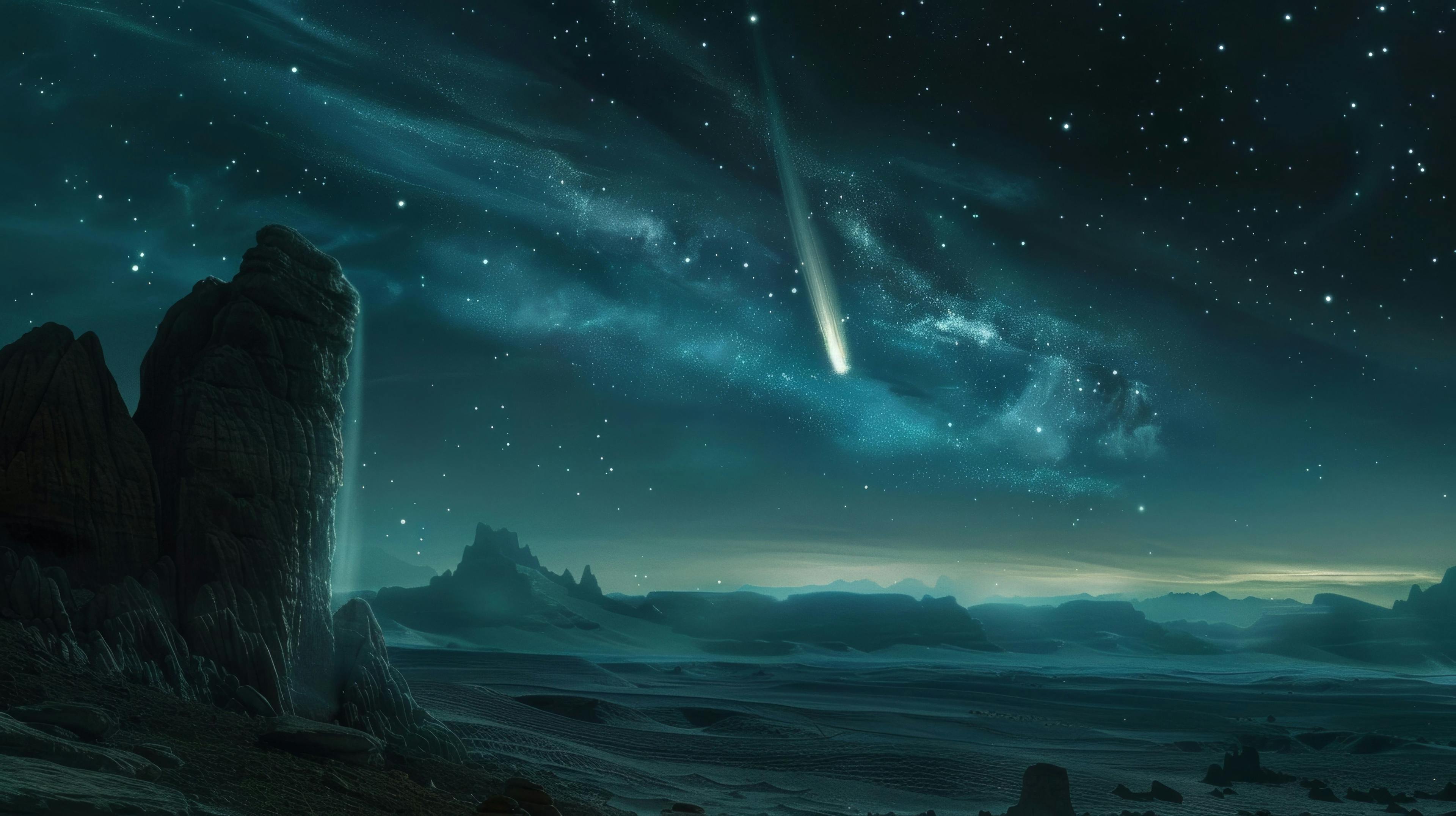 A breathtaking digital illustration of a comet streaking across a starry sky © tashechka - stock.adobe.com