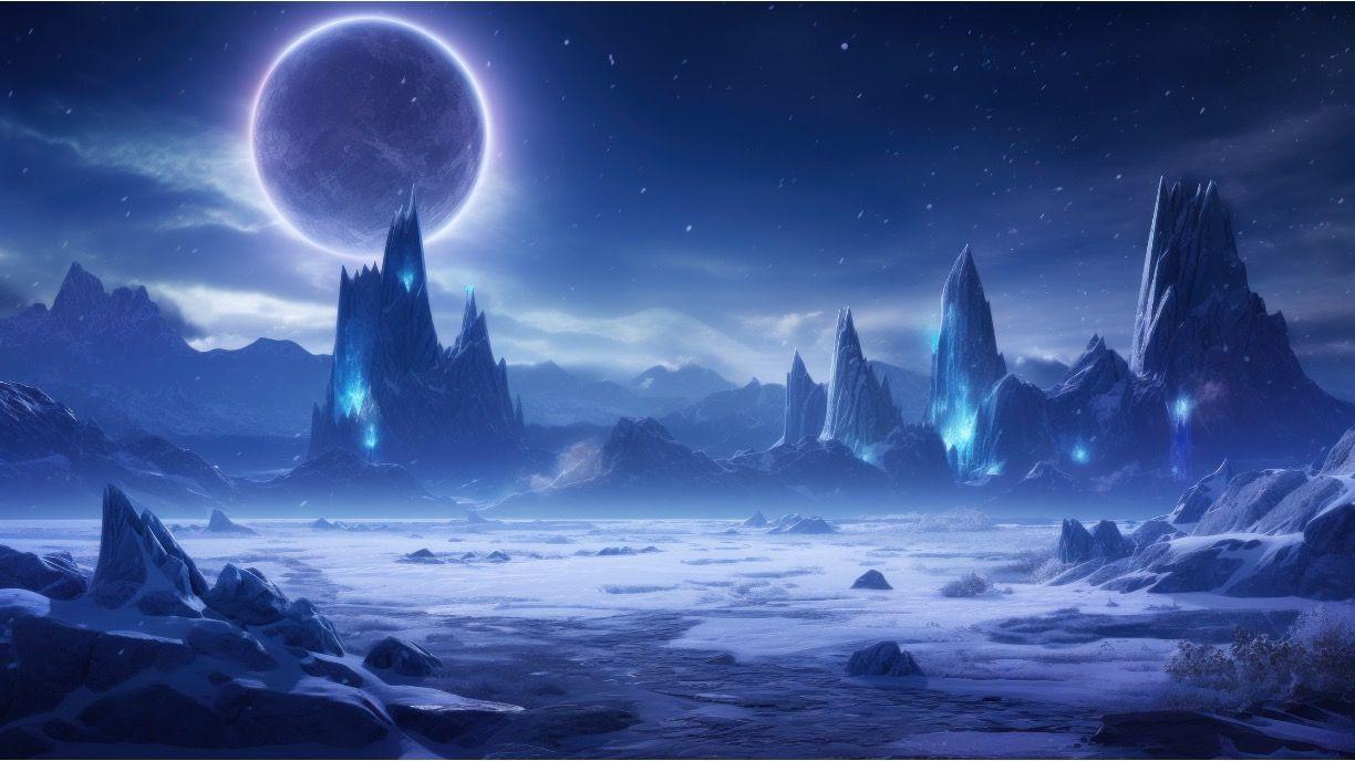 Artist’s rendition of icy exoplanet showing towering ice spires, frozen lakes, and an alien sky © Damian Sobczyk - stock.adobe.com