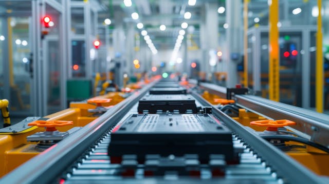 Mass production assembly line of electric vehicle battery cells. Close-up view. Automation, industry, production, manufacture and factory background. Generated with AI | Image Credit: © radekcho - stock.adobe.com.