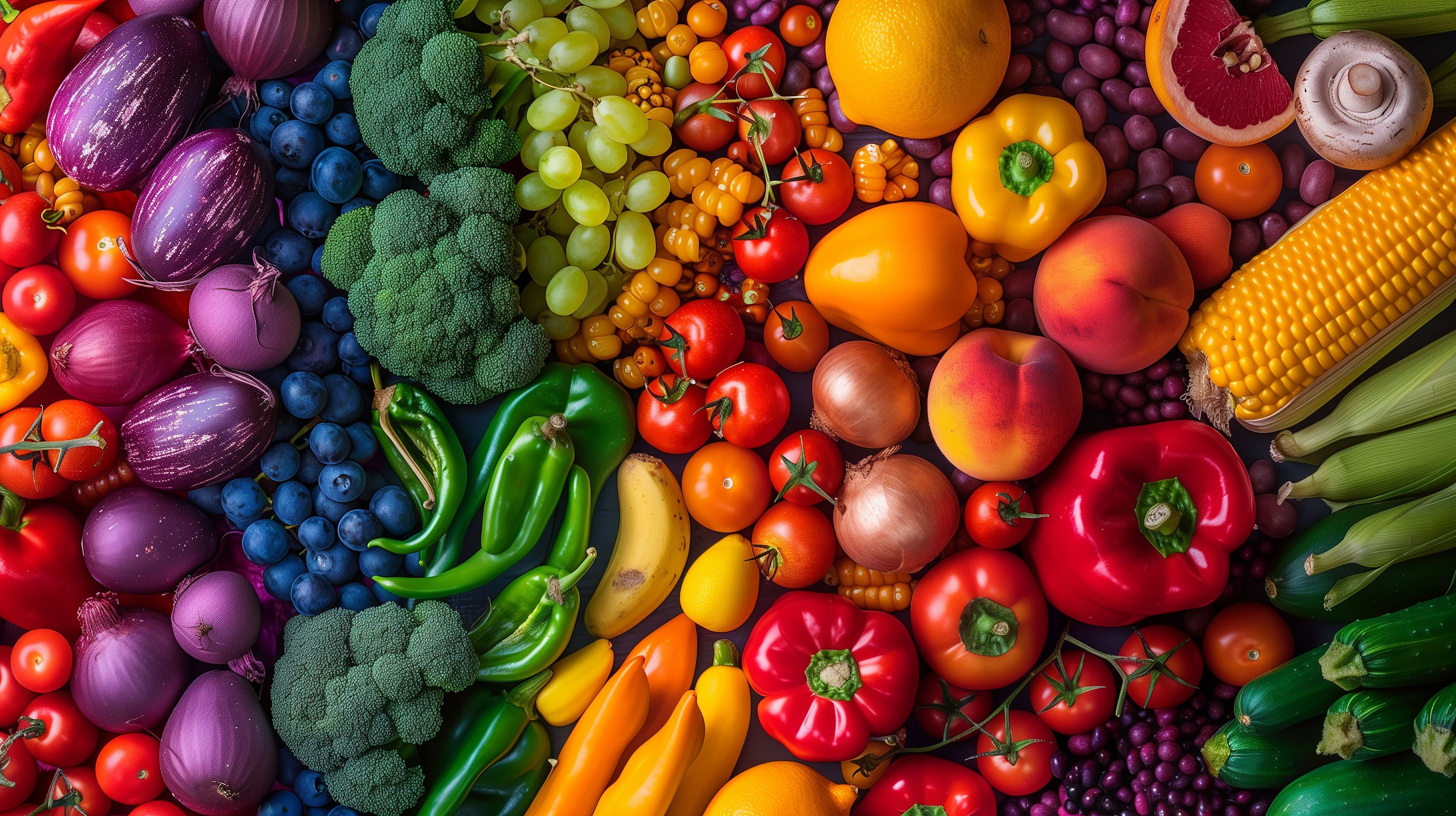 Top view of colorful vegetables and fruits arranged in a rainbow color gradient. Generated with AI. | Image Credit: © mister - stock.adobe.com