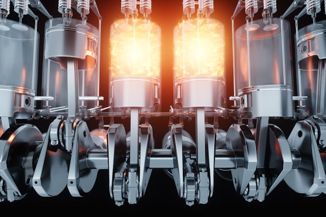 Fire in the engine cylinder, fuel ignition, the principle of operation of the internal combustion engine. Pistons, connecting rods and crankshaft. B-12, repair, car. 3D rendering, 3D illustration. | Image Credit: © Aliaksandr Marko - stock.adobe.com