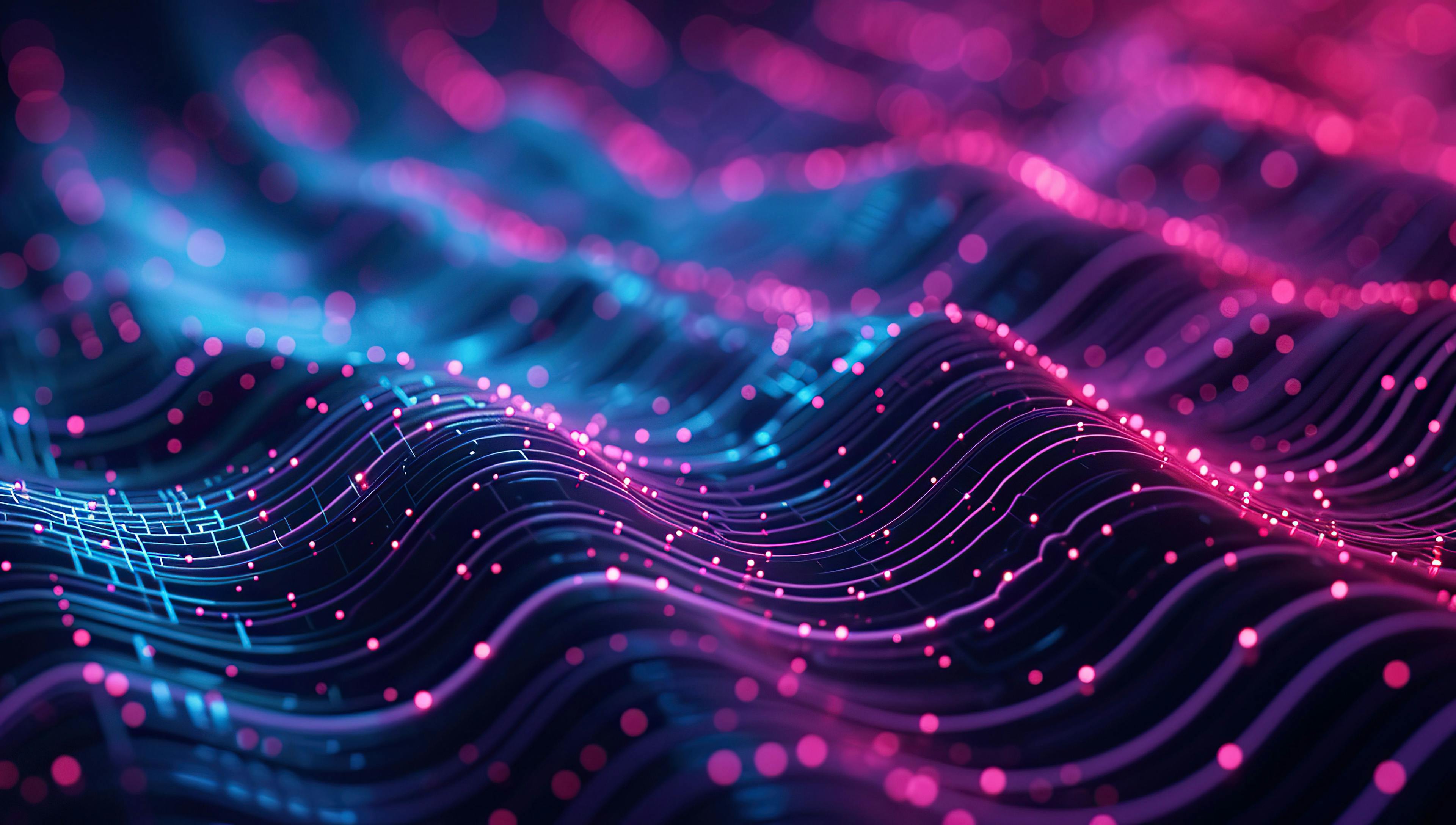 Blue and pink neon waves with dotted lights. Network technology concept. Generated with AI. | Image Credit: © volga - stock.adobe.com.